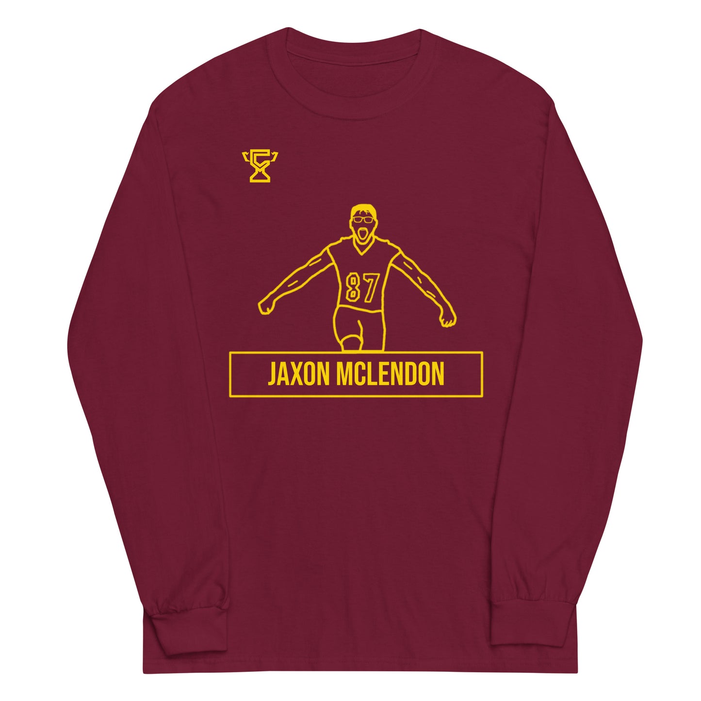 Maroon long sleeve shirt featuring artwork of Jaxon Mclendon.