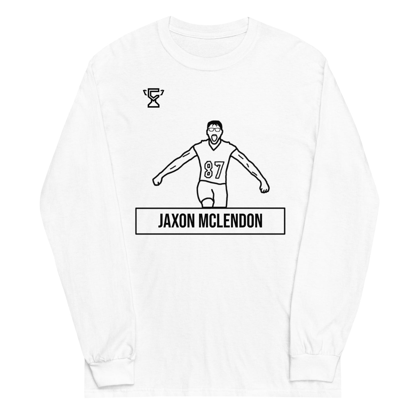 White long sleeve shirt featuring artwork of Jaxon Mclendon.