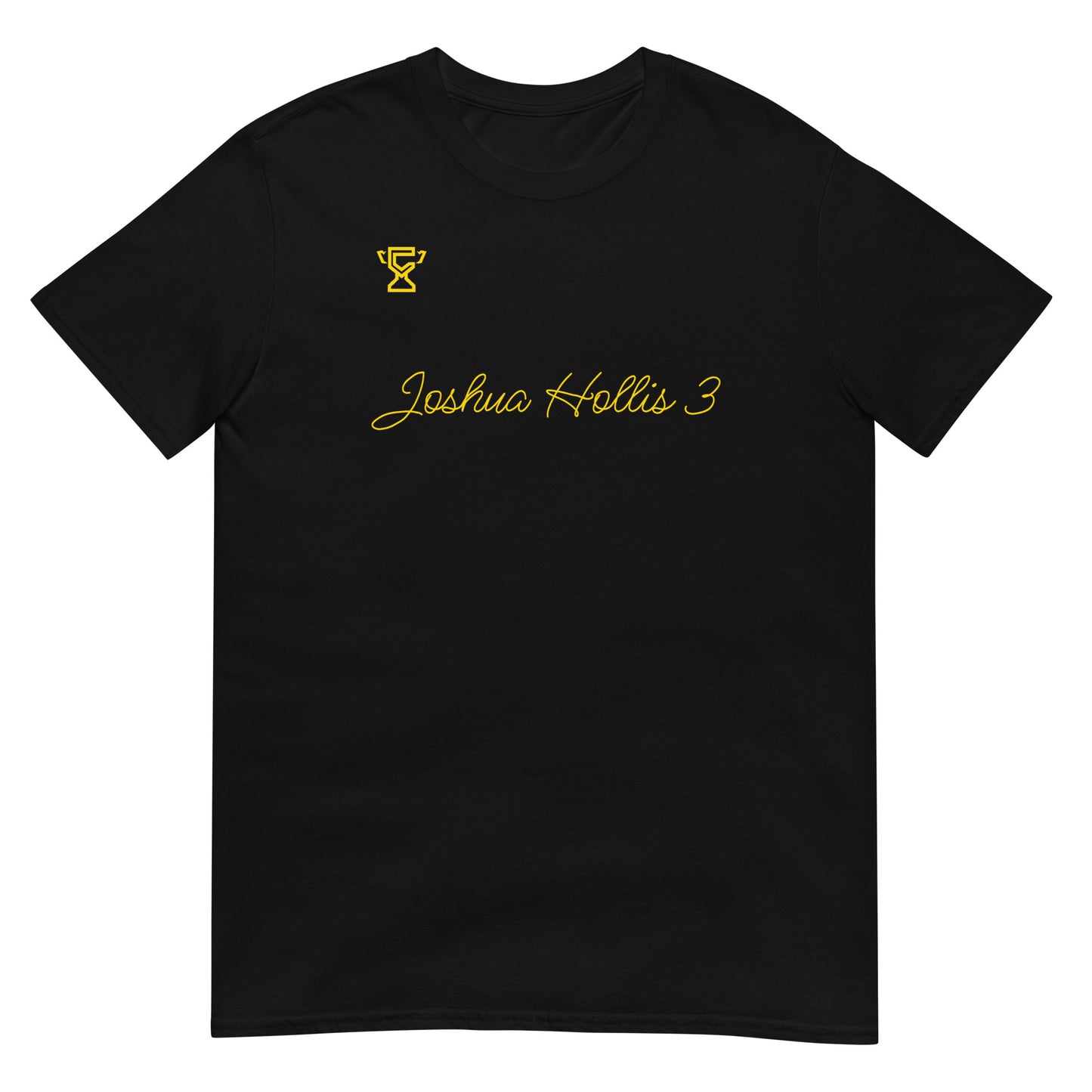 Black t-shirt featuring the signature of Joshua Hollis.
