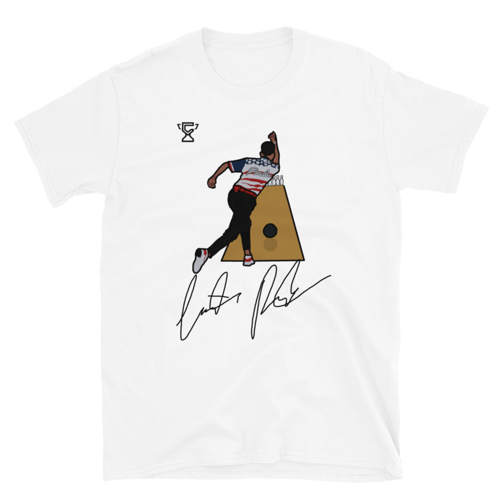 White t-shirt featuring artwork of Justin Preston.