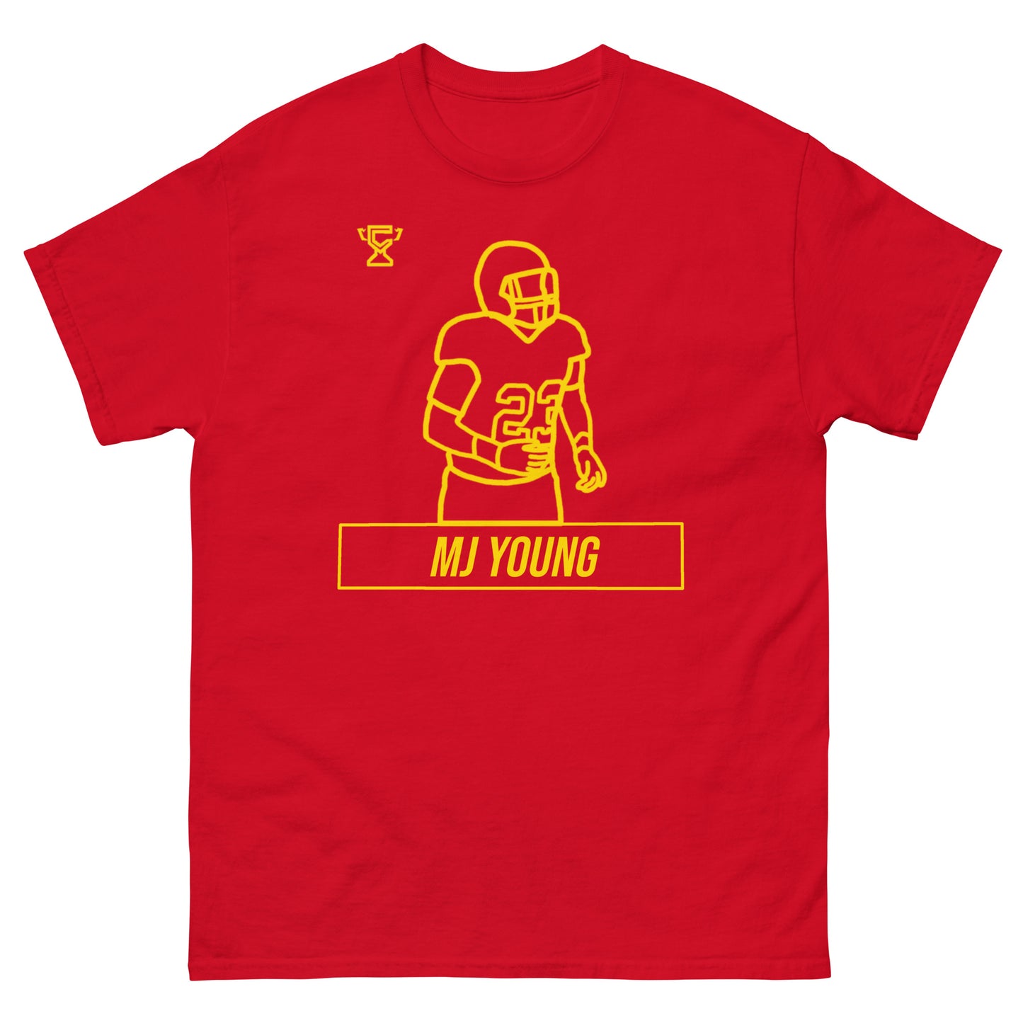 Red t-shirt featuring MJ Young.