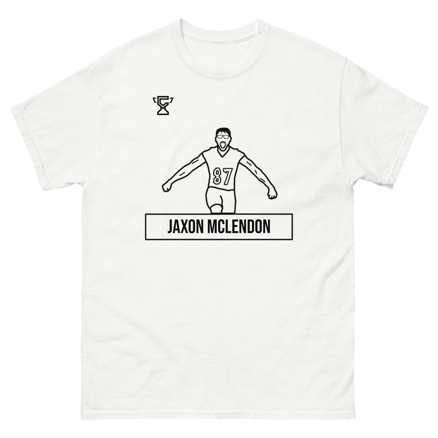White t-shirt featuring artwork of Jaxon Mclendon.