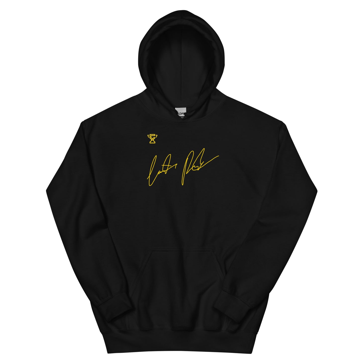 Black hoodie featuring signature of Justin Preston.