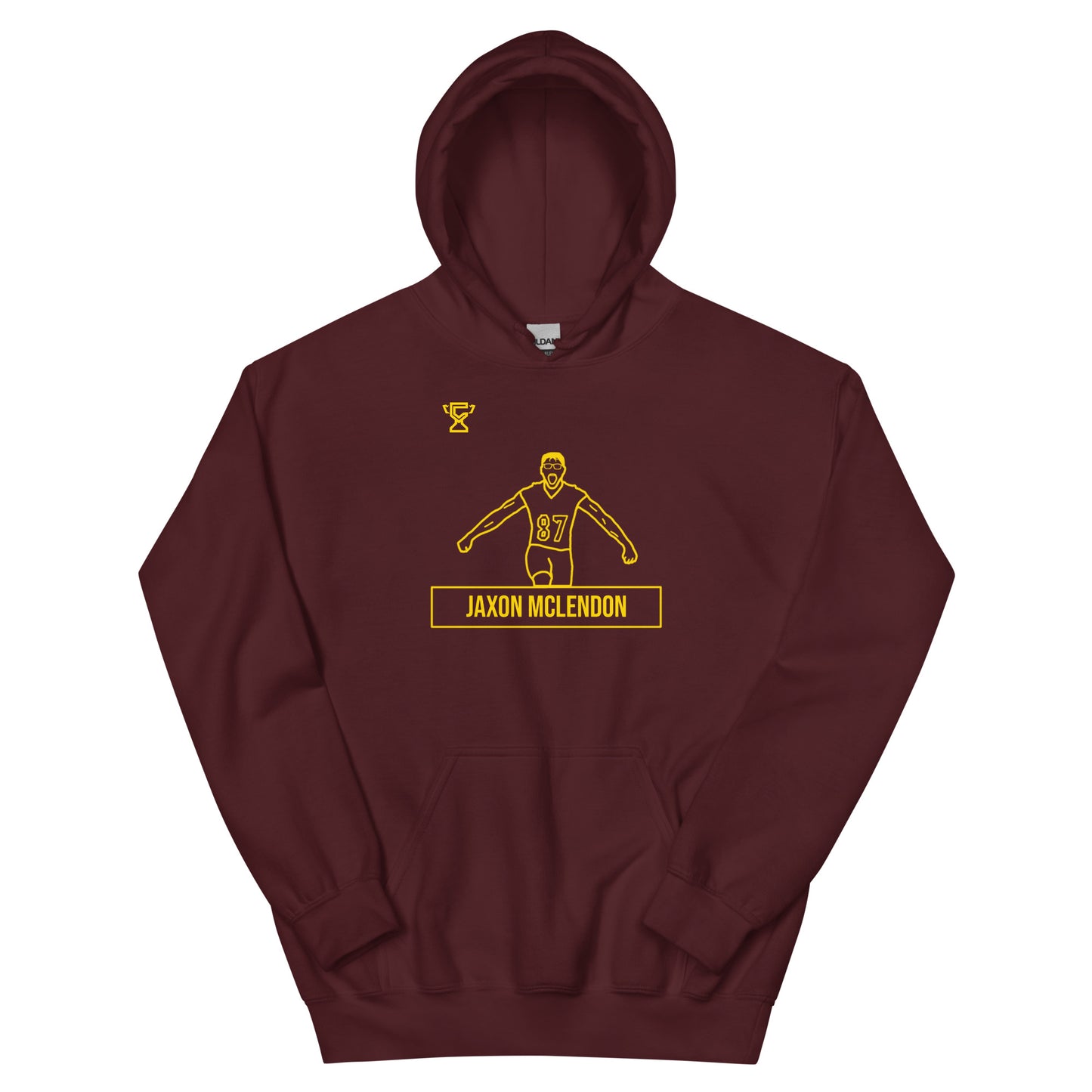 Maroon hoodie featuring artwork of Jaxon Mclendon.