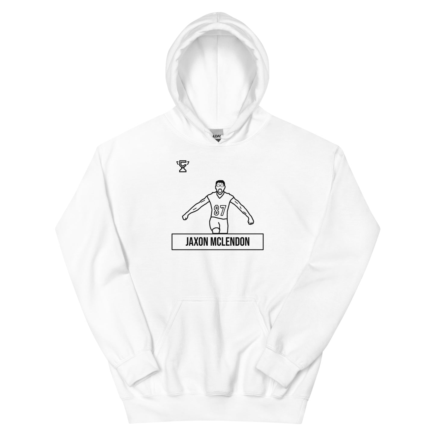 White hoodie featuring artwork of Jaxon Mclendon.