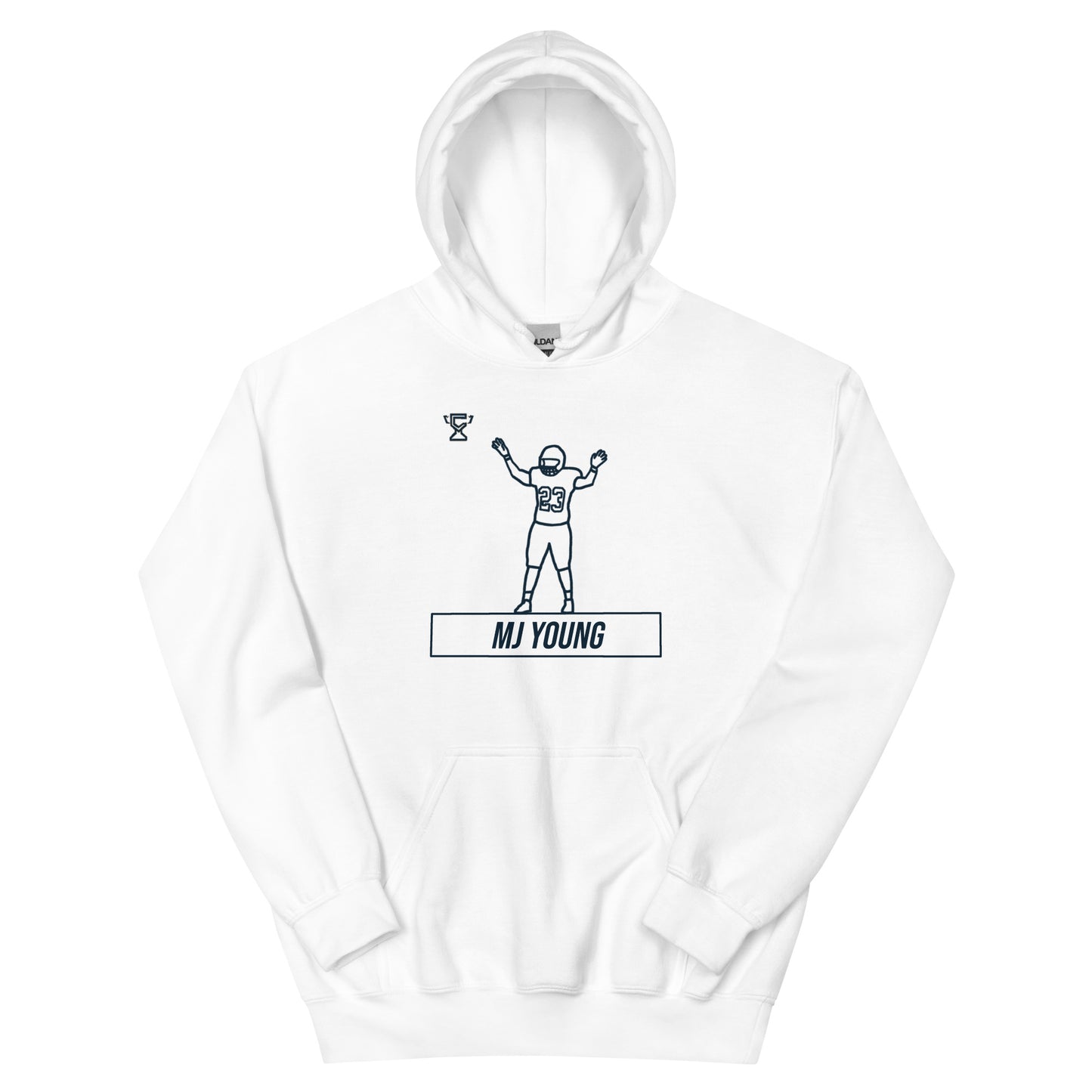 White hoodie featuring MJ Young.