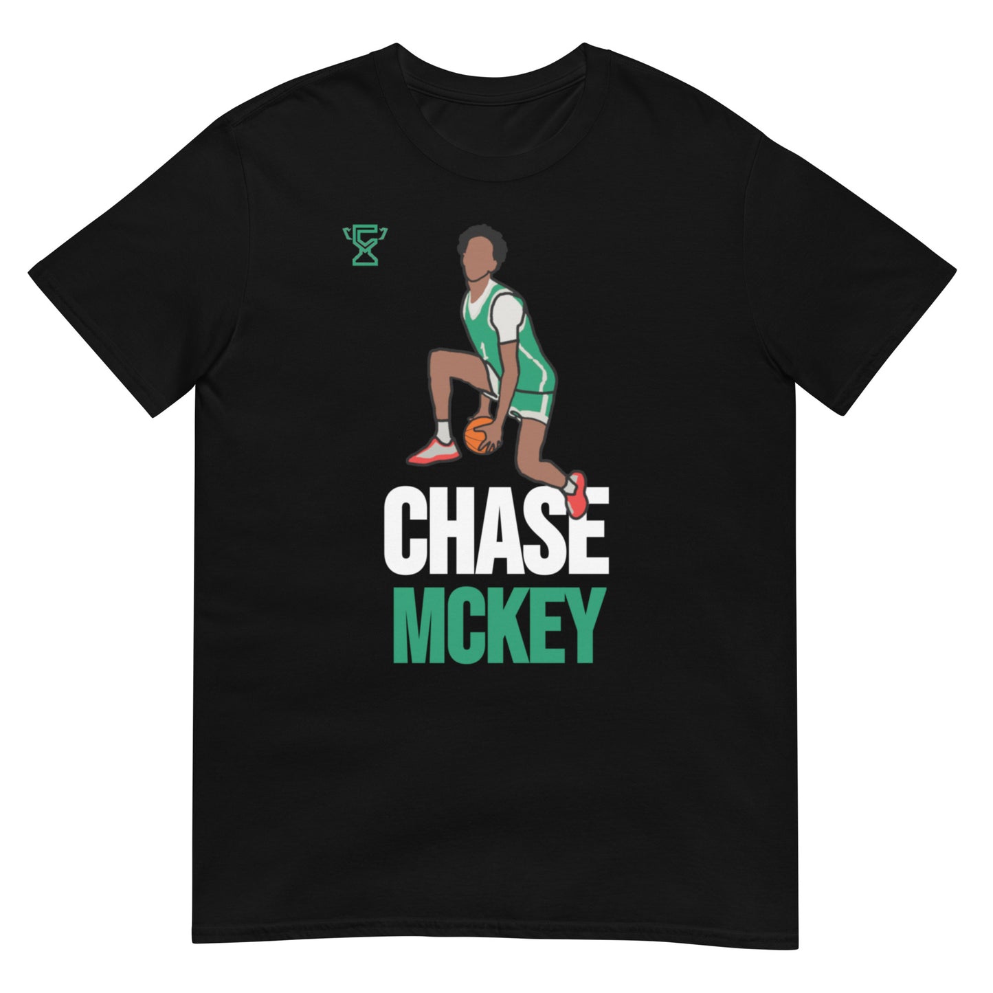 Black t-shirt with the name and art of Chase Mckey