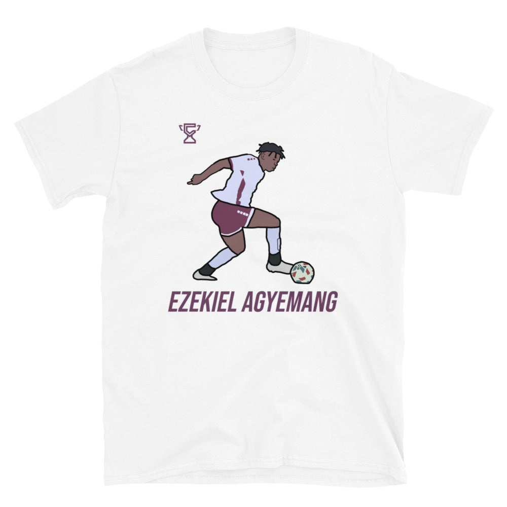 White t-shirt featuring artwork of Ezekiel Agyemang.