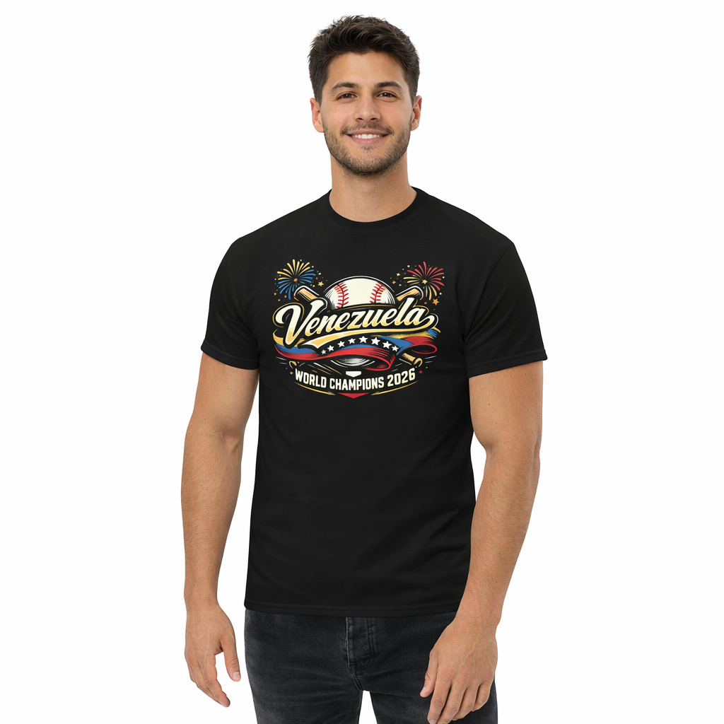 Venezuelan man wearing a black t-shirt with Venezuela World Champions 2026 design on a white background