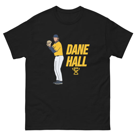 Black t-shirt featuring art of Dane Hall.