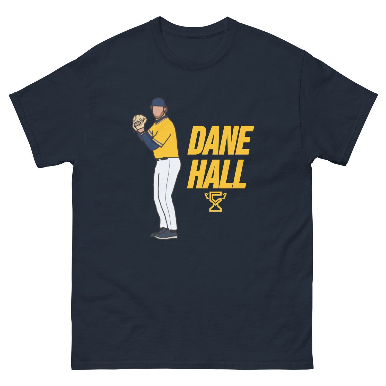 Navy t-shirt featuring art of Dane Hall.