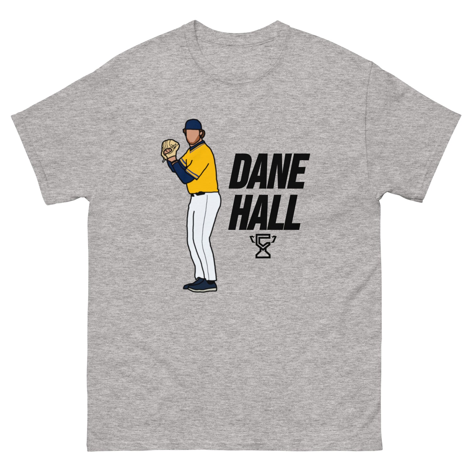 Gray t-shirt featuring art of Dane Hall.