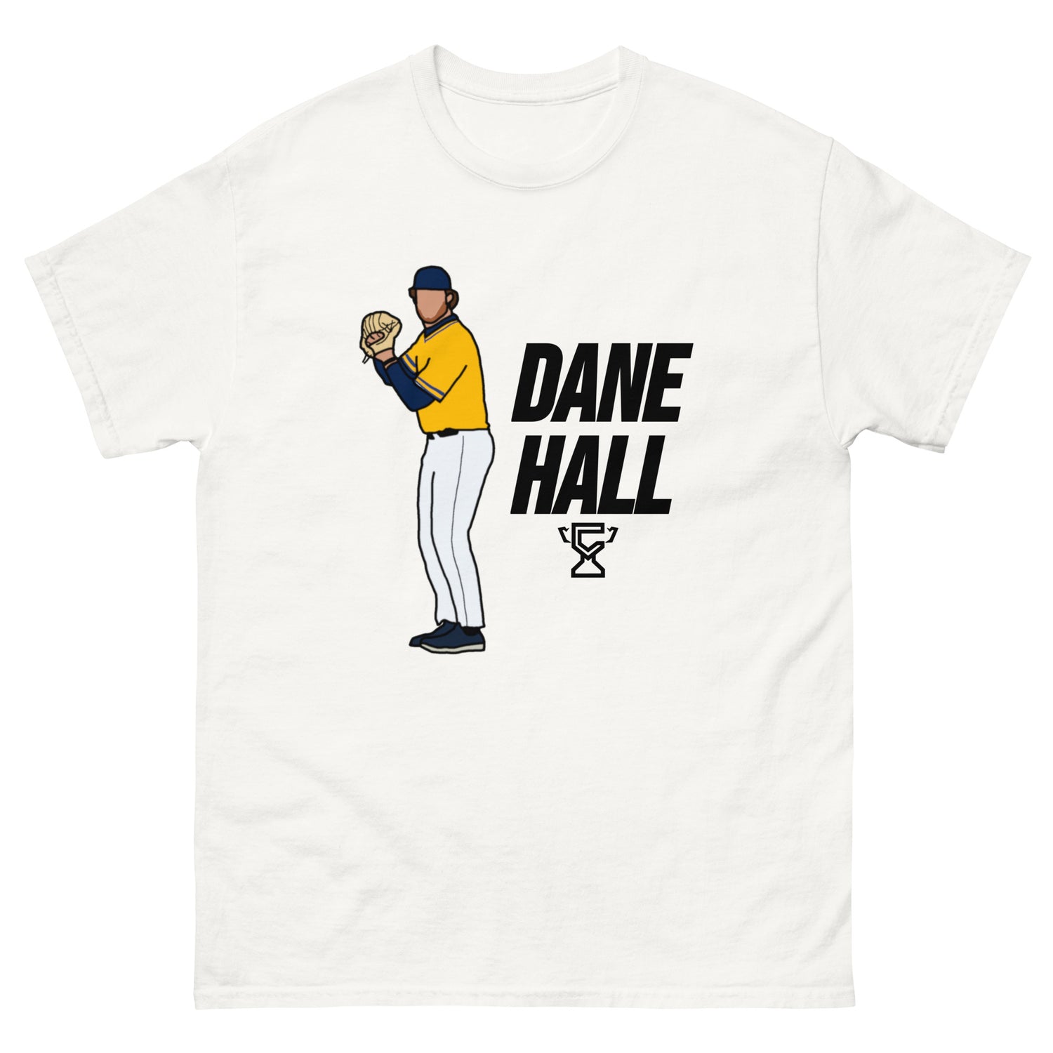 White t-shirt featuring art of Dane Hall.