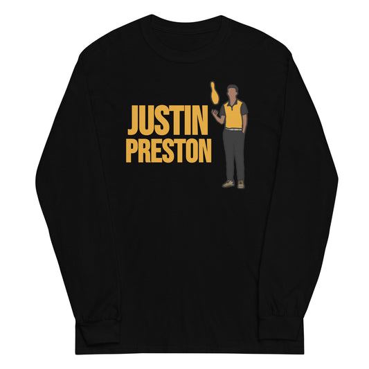 Black long sleeve shirt featuring portrait of Justin Preston.