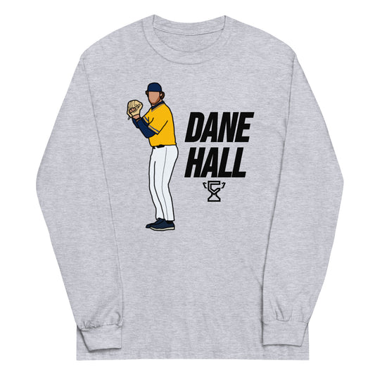 Gray long sleeve shirt featuring art of Dane Hall.