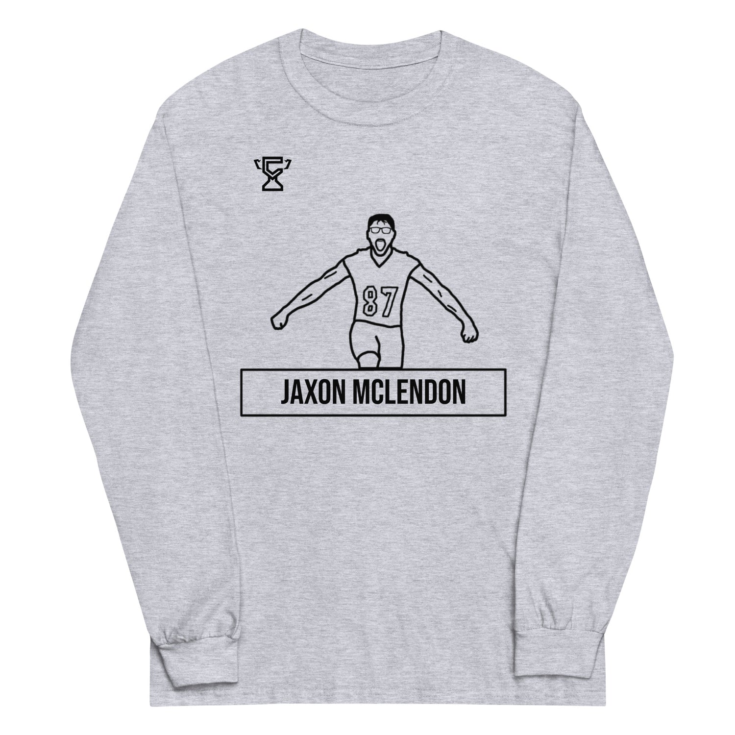 Sport gray long sleeve shirt featuring artwork of Jaxon Mclendon.