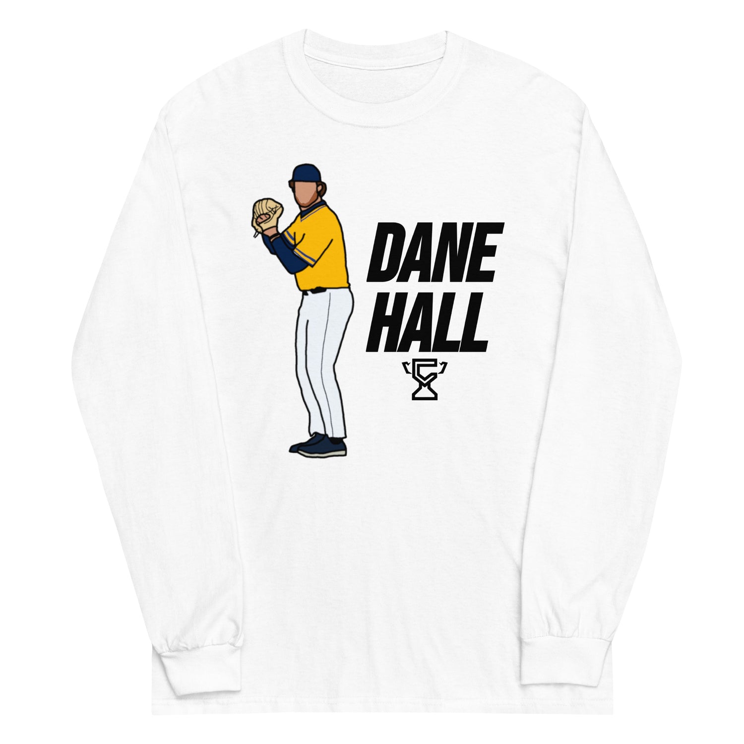 White long sleeve shirt featuring art of Dane Hall.