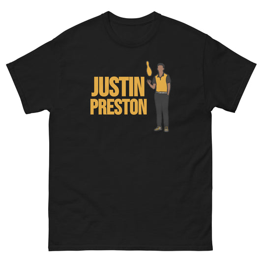 Black t-shirt featuring portrait of Justin Preston.