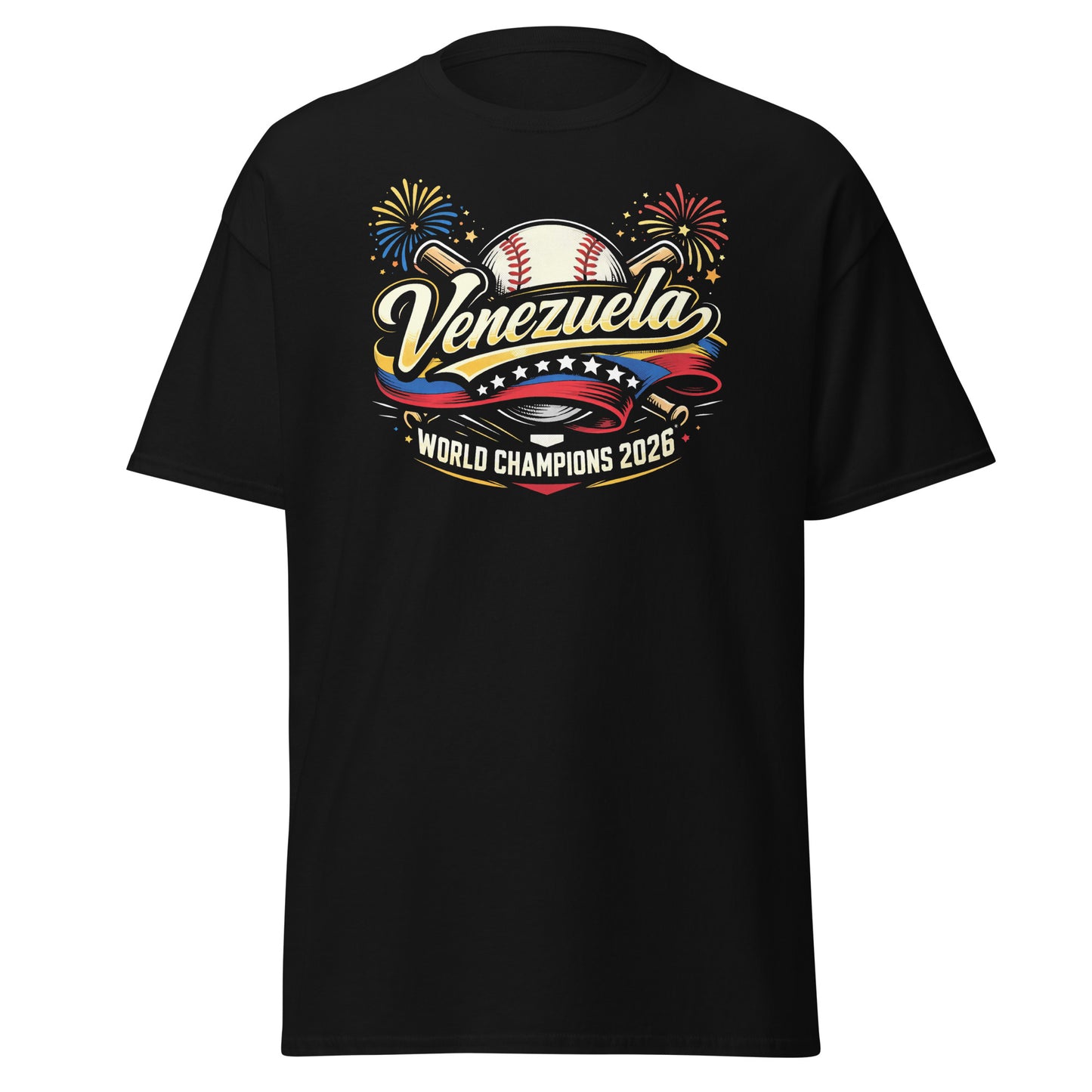 Black t-shirt with a graphic design celebrating Venezuela as baseball World Champions in 2026.