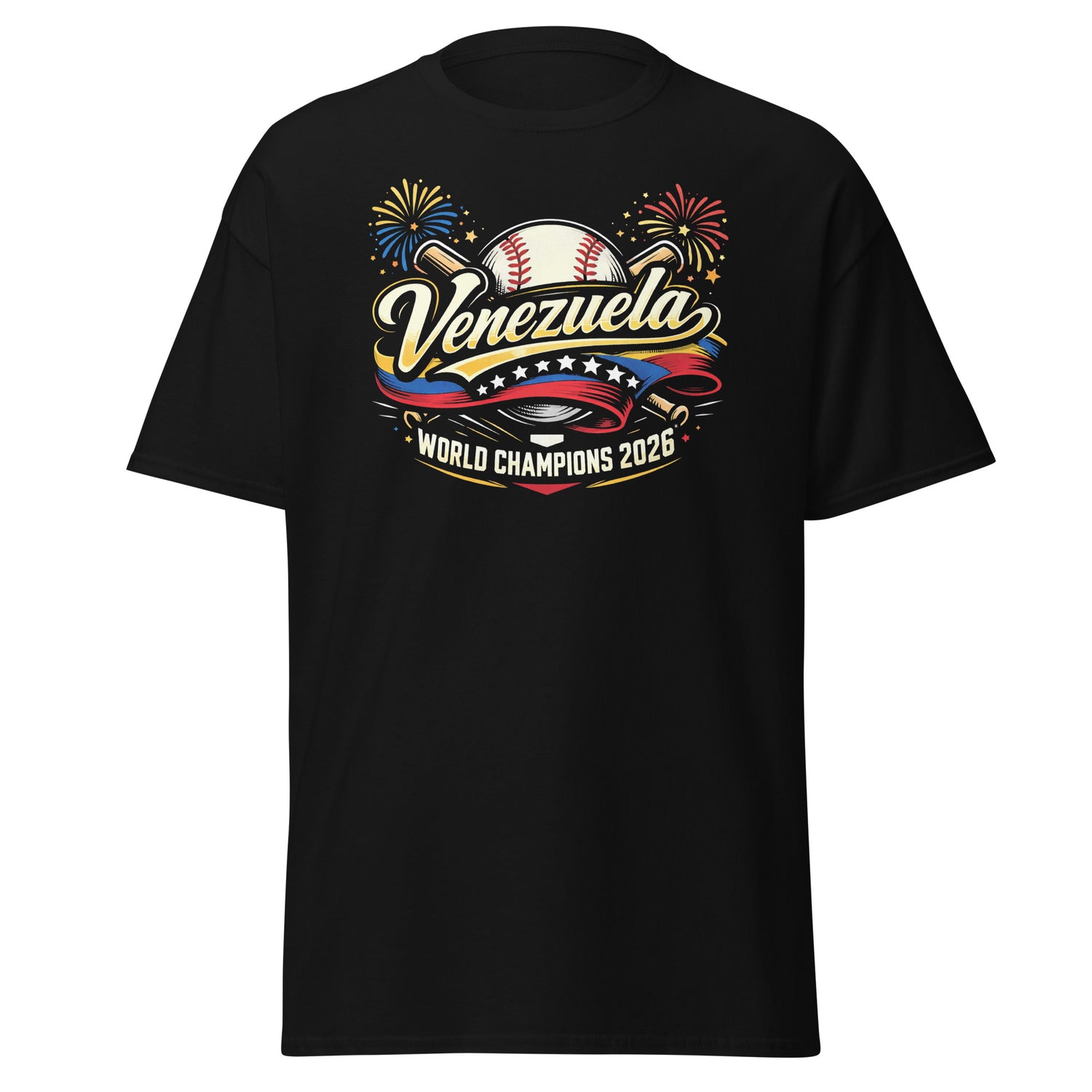 Black t-shirt with a graphic design celebrating Venezuela as baseball World Champions in 2026.