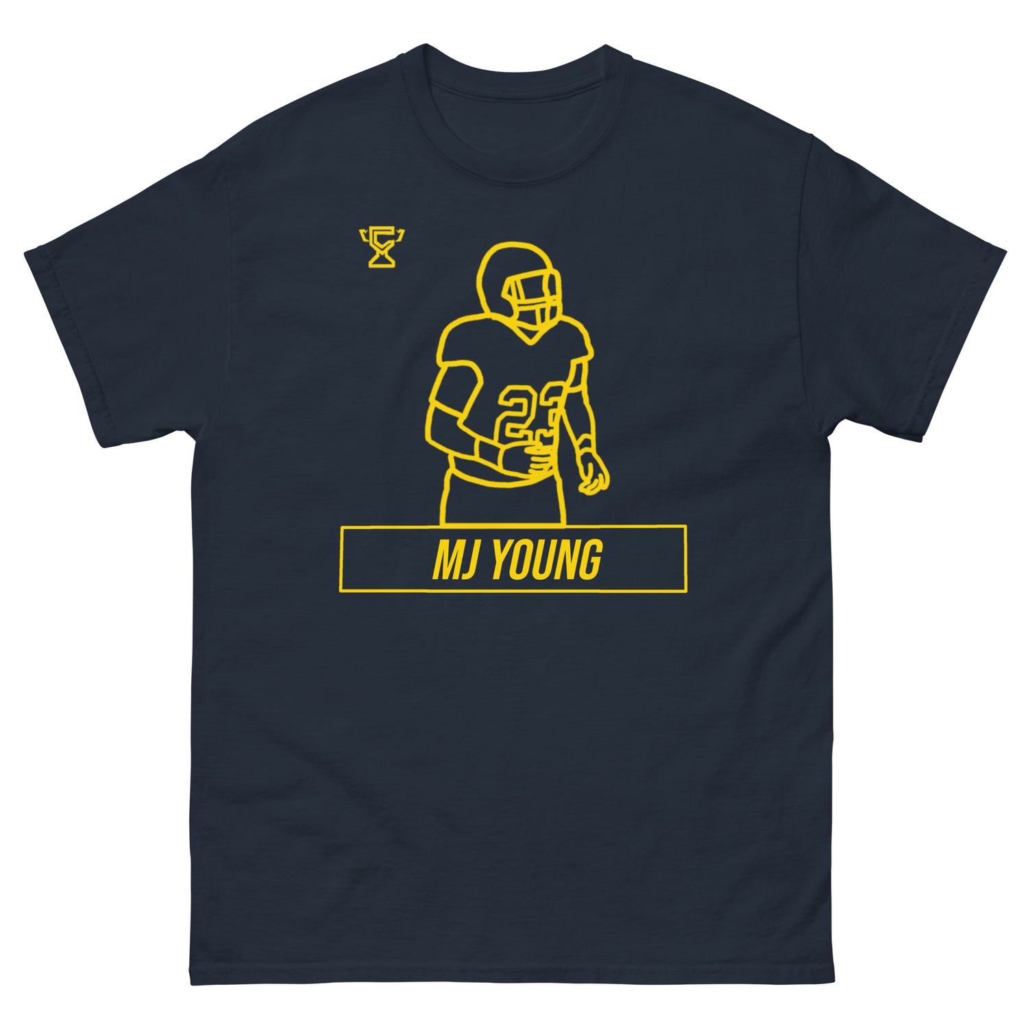 Navy t-shirt featuring MJ Young.