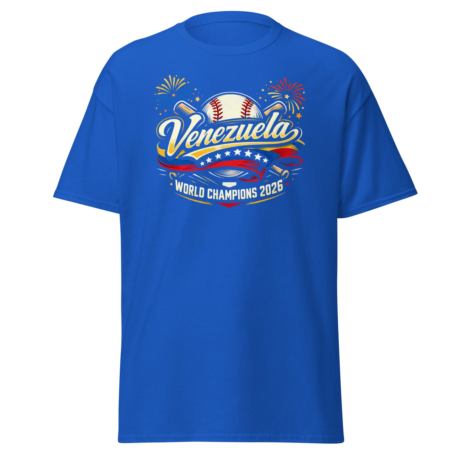 Royal blue t-shirt with a graphic design celebrating Venezuela as baseball World Champions in 2026.