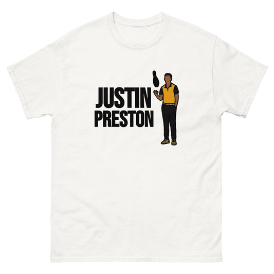 White t-shirt featuring portrait of Justin Preston.