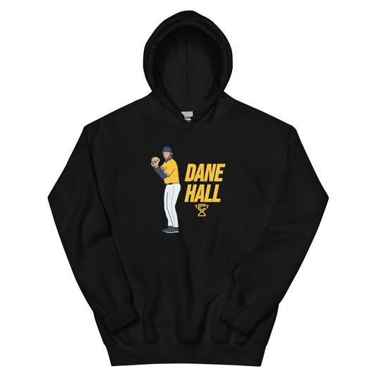 Black hoodie featuring art of Dane Hall.