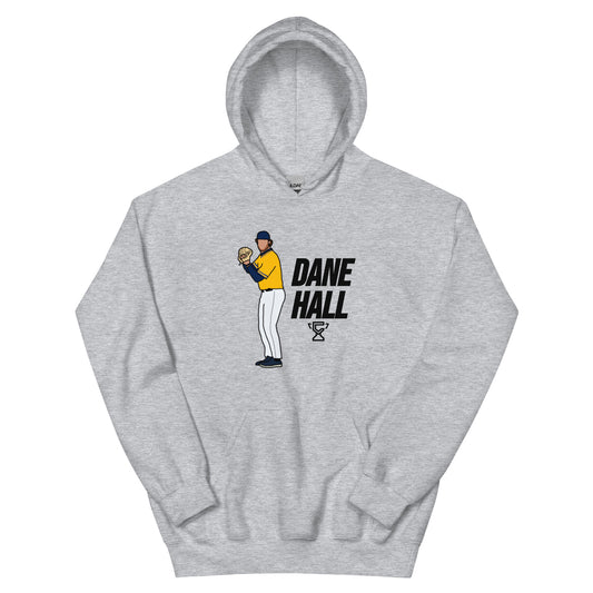 Gray hoodie featuring art of Dane Hall.