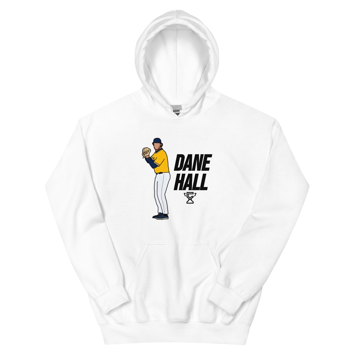 White hoodie featuring art of Dane Hall.
