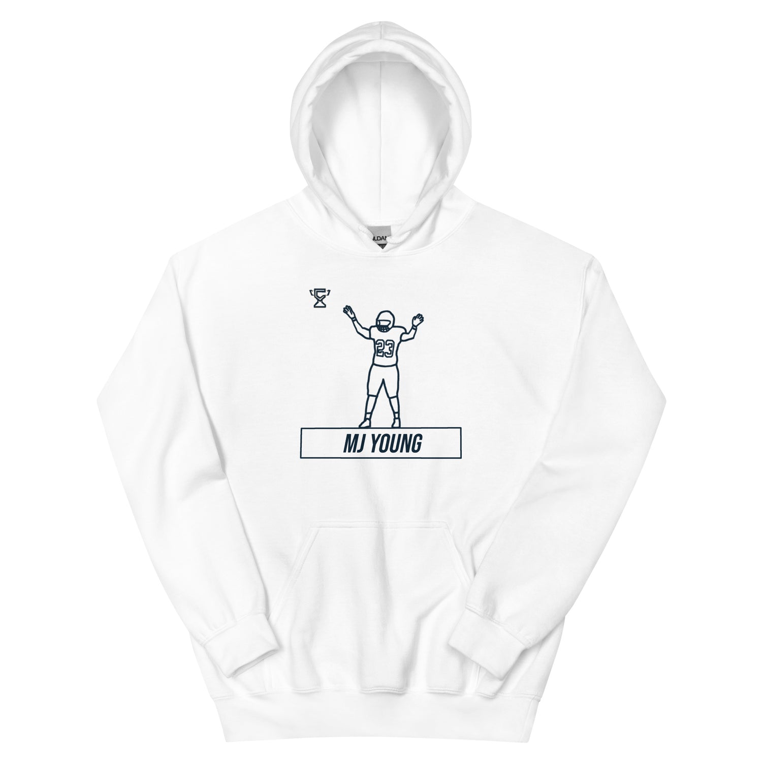 White hoodie featuring MJ Young.