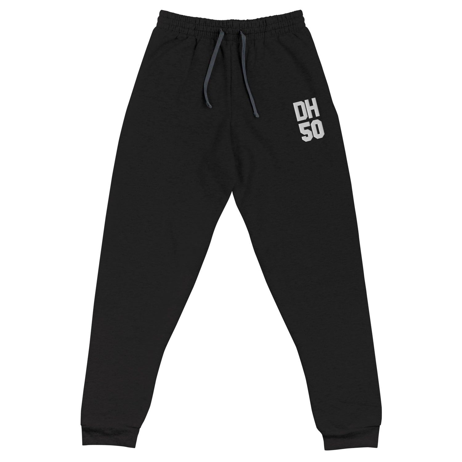 Black joggers with DH50 embroidered on them.