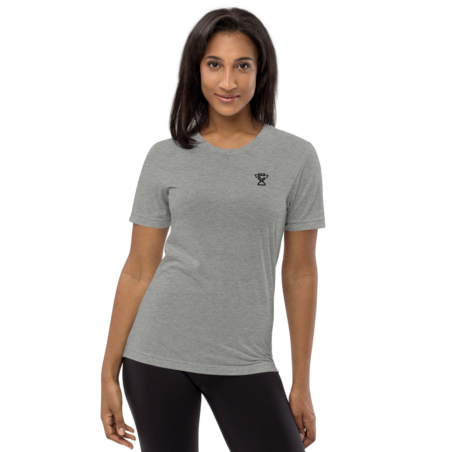 Model wearing gray Champletes ultra soft t-shirt.