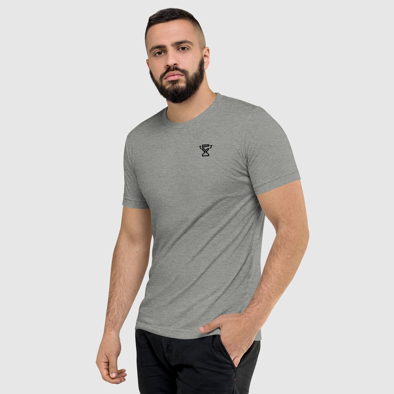 Athlete wearing the sport gray trophy tee, front view.