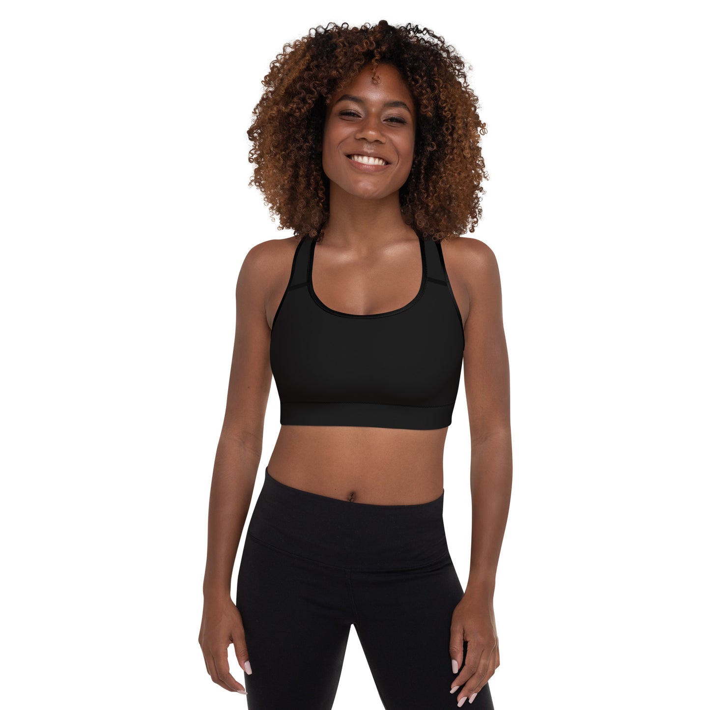 Front view of the Champletes padded sports bra.