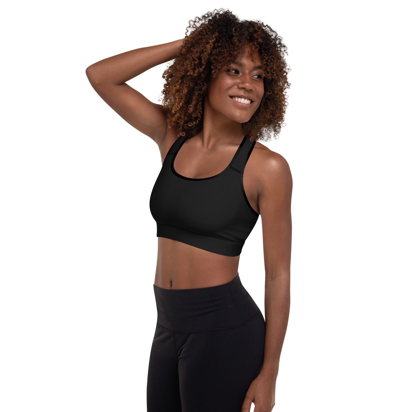 Left view of the Champletes padded sports bra.