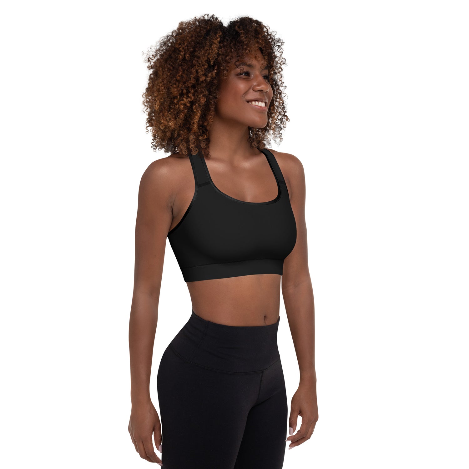 Right view of the Champletes padded sports bra.