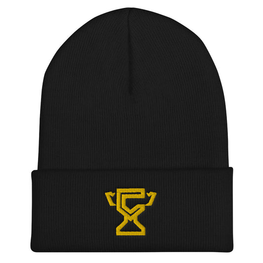 Black cuffed beanie with the Champletes logo.