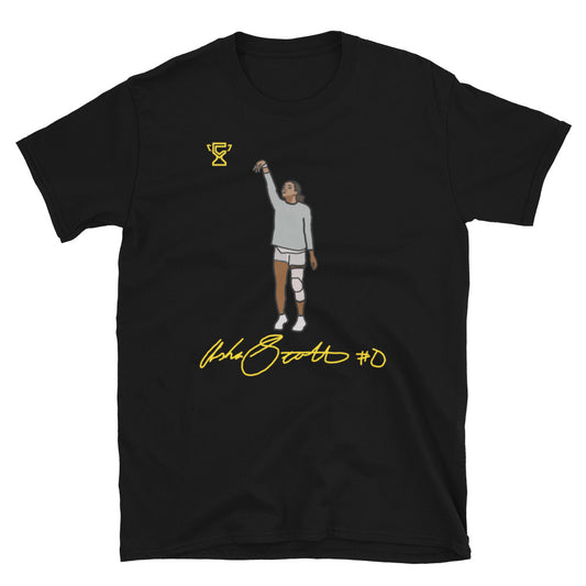 A black t-shirt featuring artwork of Asha Scott, her signature, and the Champletes logo.