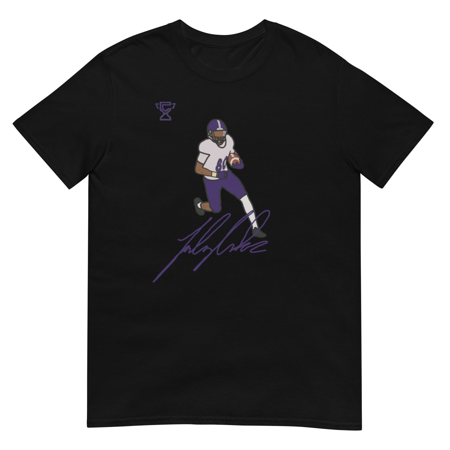 Black t-shirt with the signature and artwork of Jalen Coker along with the Champletes logo.