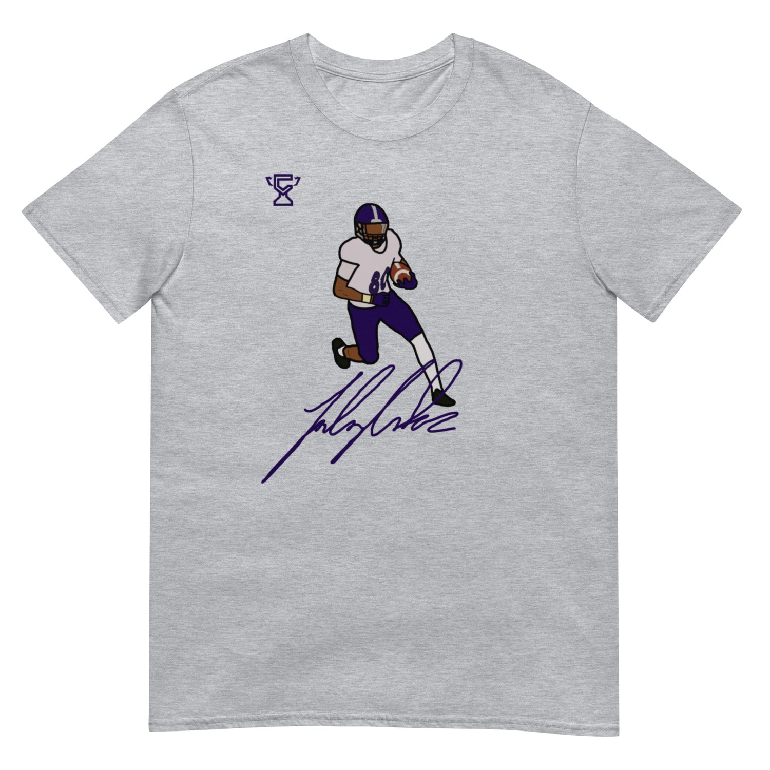 Gray t-shirt with the signature and artwork of Jalen Coker along with the Champletes logo.