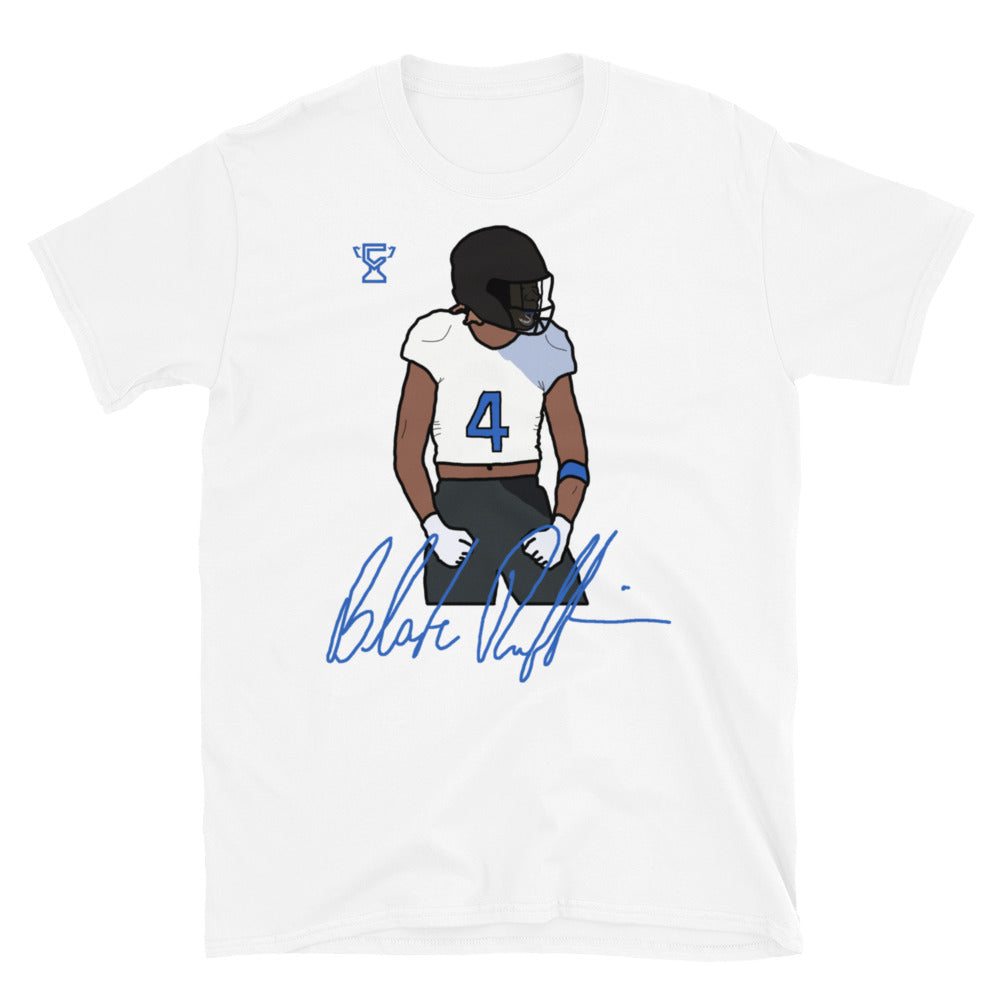 White t-shirt featuring artwork of Blake Ruffin.