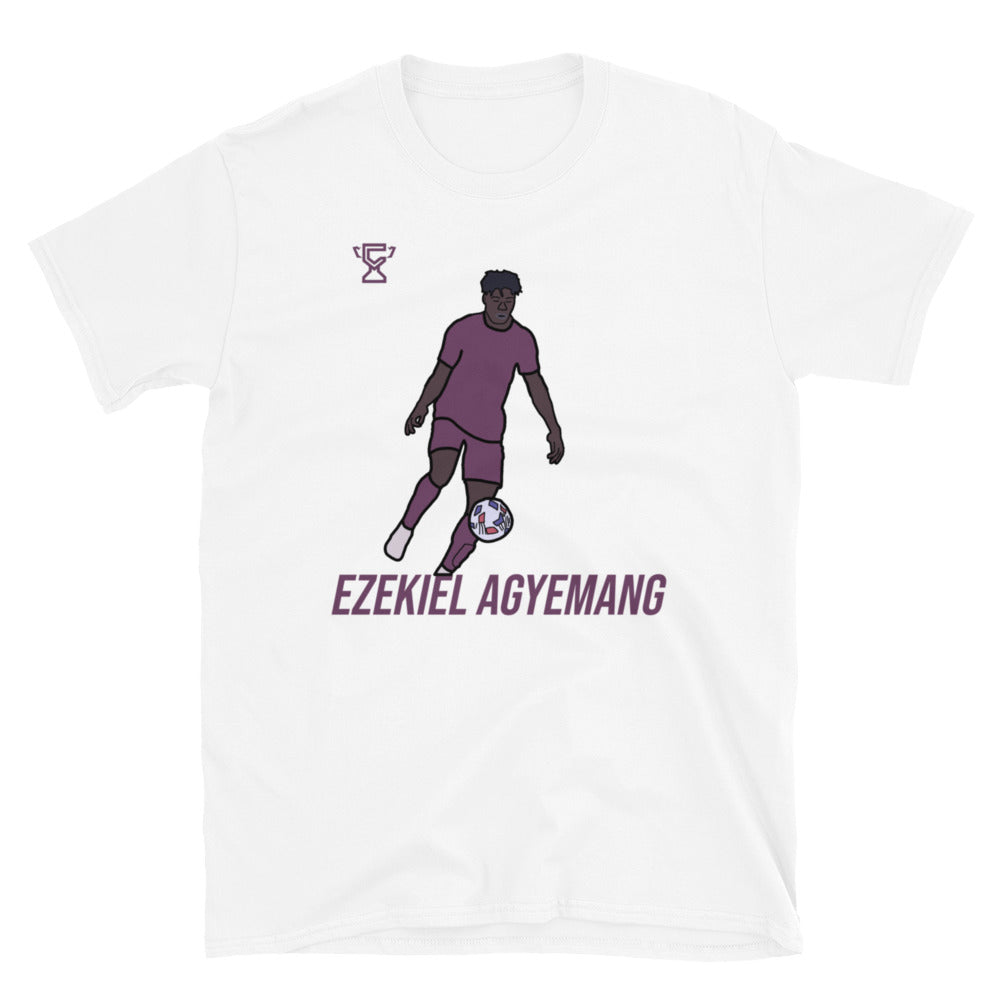 White t-shirt featuring artwork of Ezekiel Agyemang.