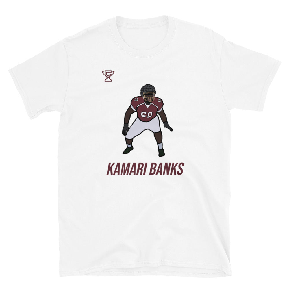 White t-shirt featuring Kamari Banks.