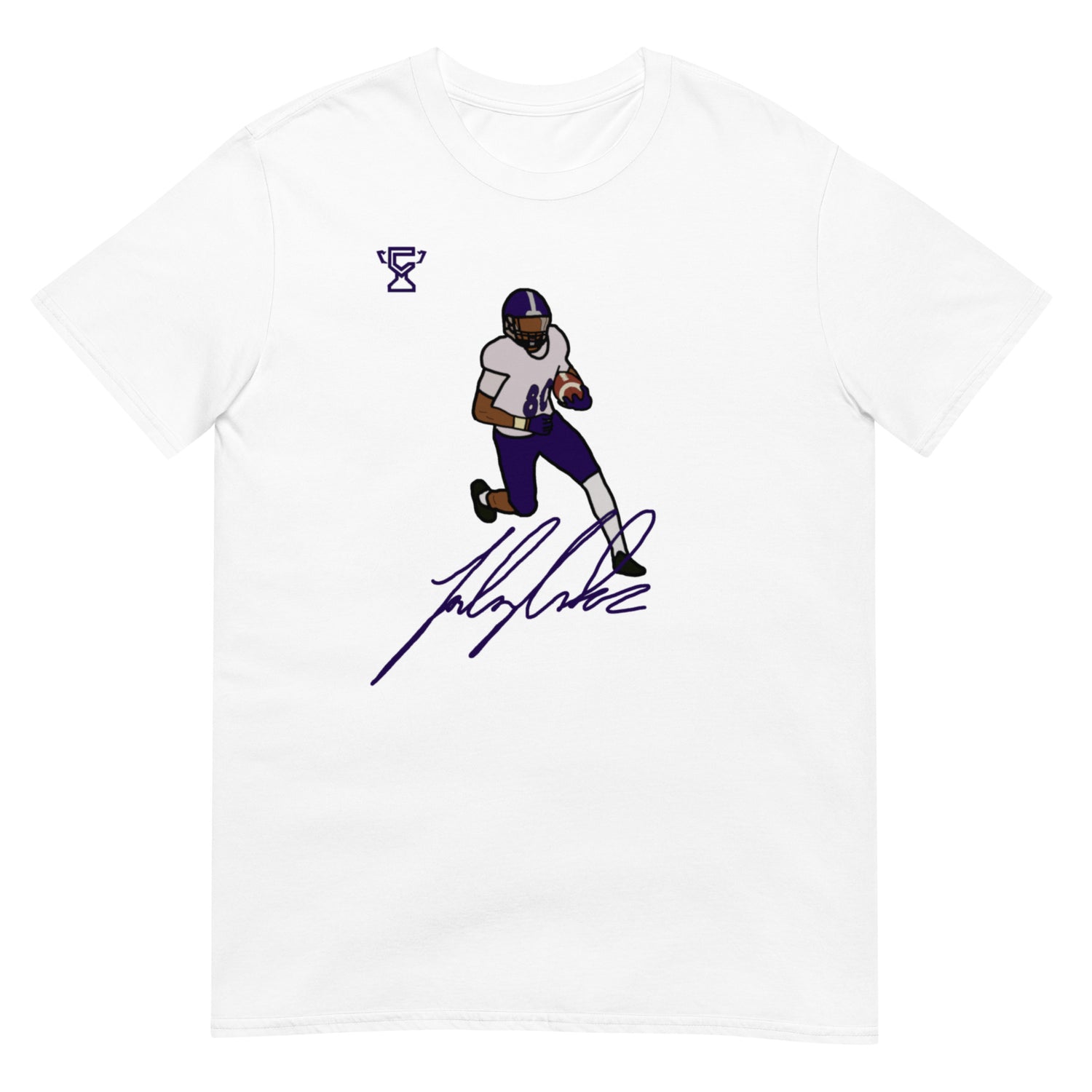 White t-shirt with the signature and artwork of Jalen Coker along with the Champletes logo.