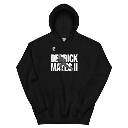 Black hoodie featuring Derrick Mayes II.